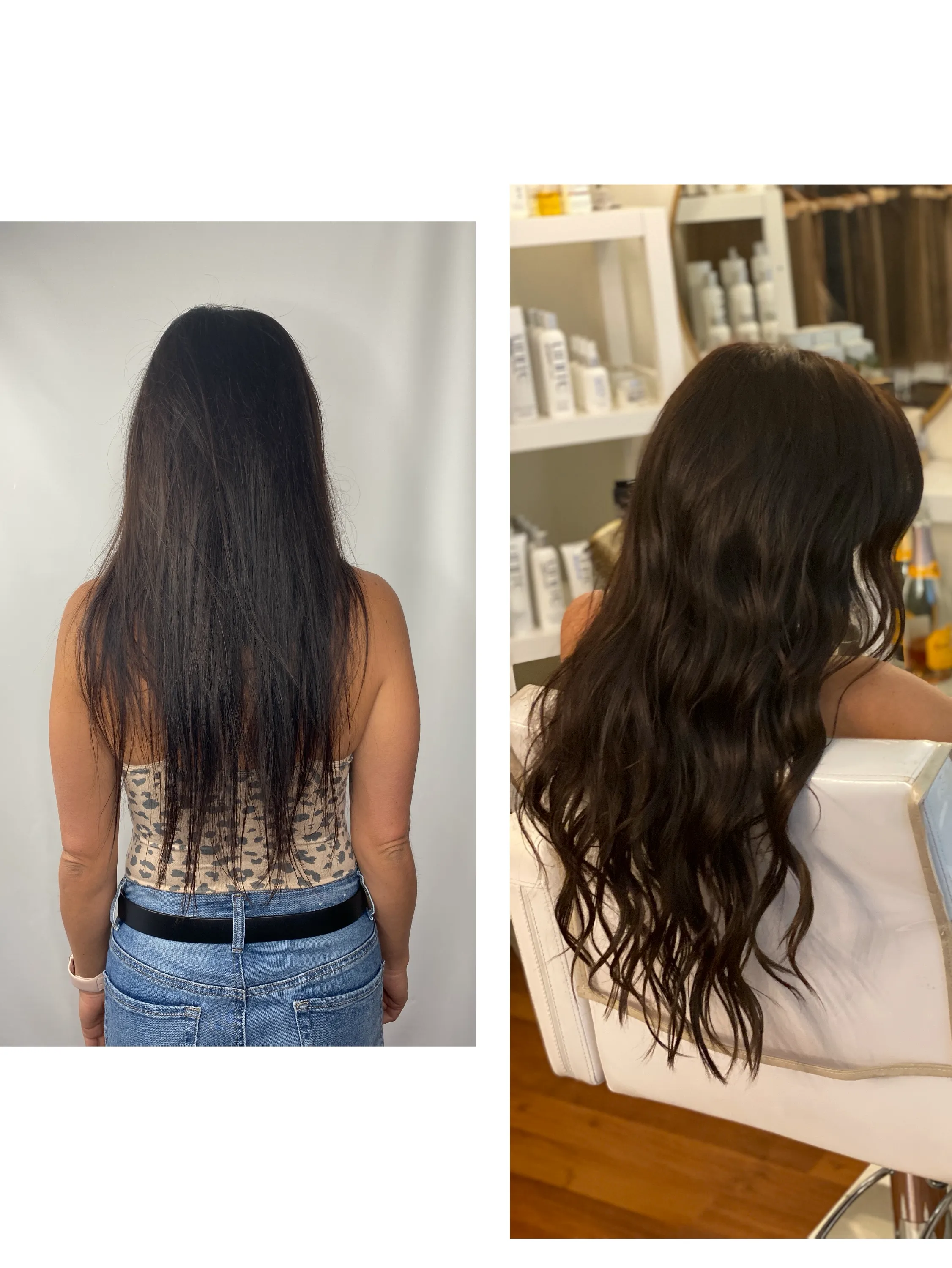 Before and after of dark hair transformed into long full waves with extensions