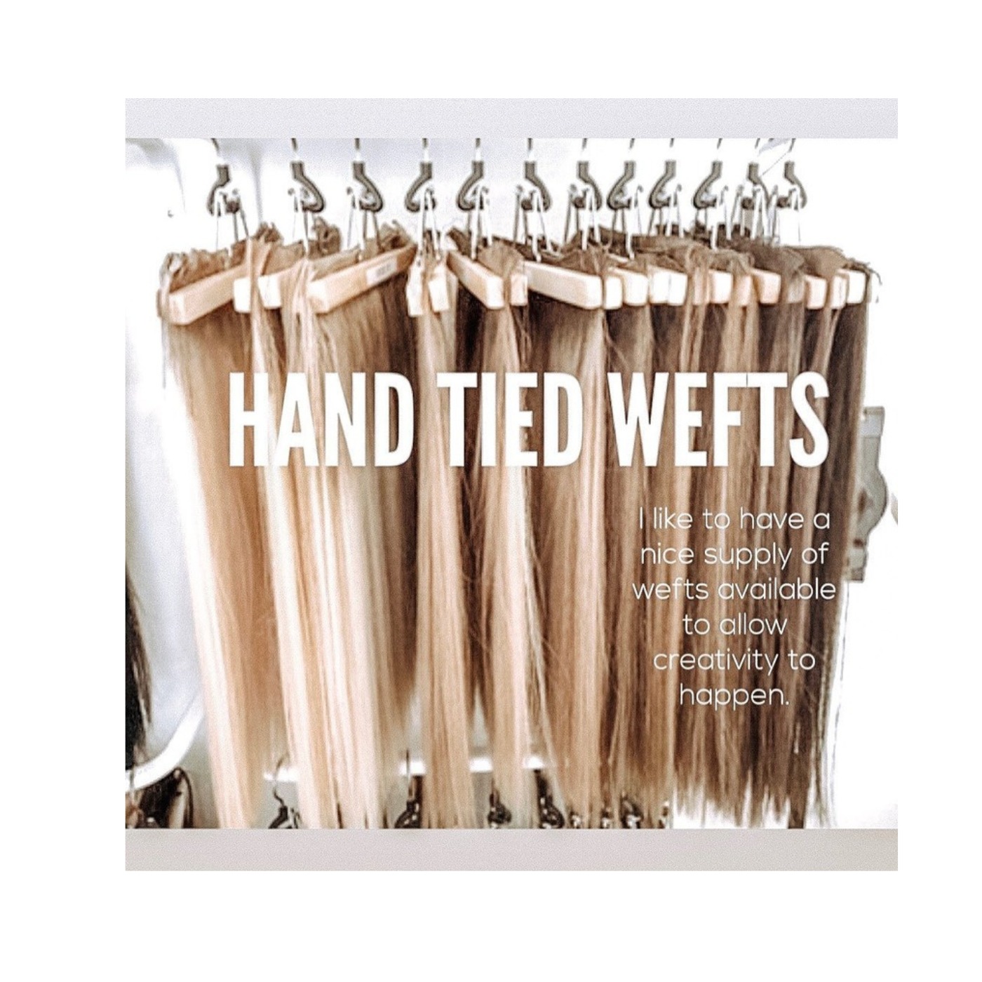 Hand-tied wefts hanging on wooden hangers at Light Styling, in a range of blonde and brunette shades