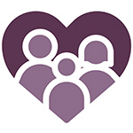 Purple graphic of an open book with a text bubble behind it