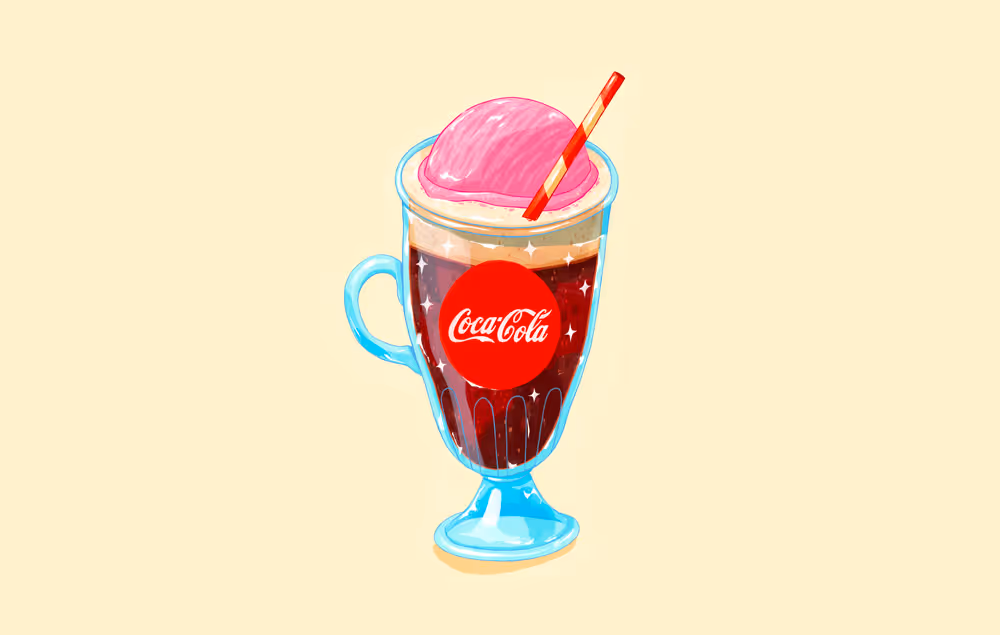 Illustration of a Coca-Cola float in a glass mug. The mug features a red Coca-Cola logo and is filled with fizzy Coca-Cola, topped with a scoop of pink ice cream and garnished with a red-and-white striped straw. The background is a light beige color, complementing the vibrant colors of the float.