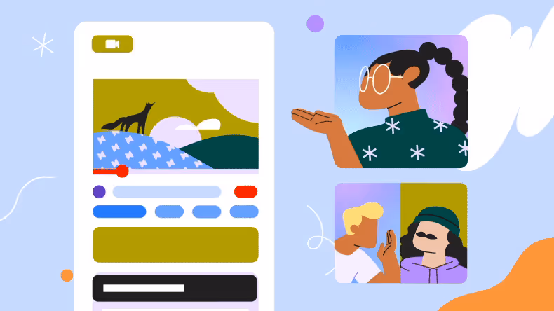 Illustration of a video call between three people, with one person on the left screen interacting, and two on the right with abstract backgrounds. The interface, reminiscent of motion design in Lottie animations, includes buttons for chat options and has a light blue background.