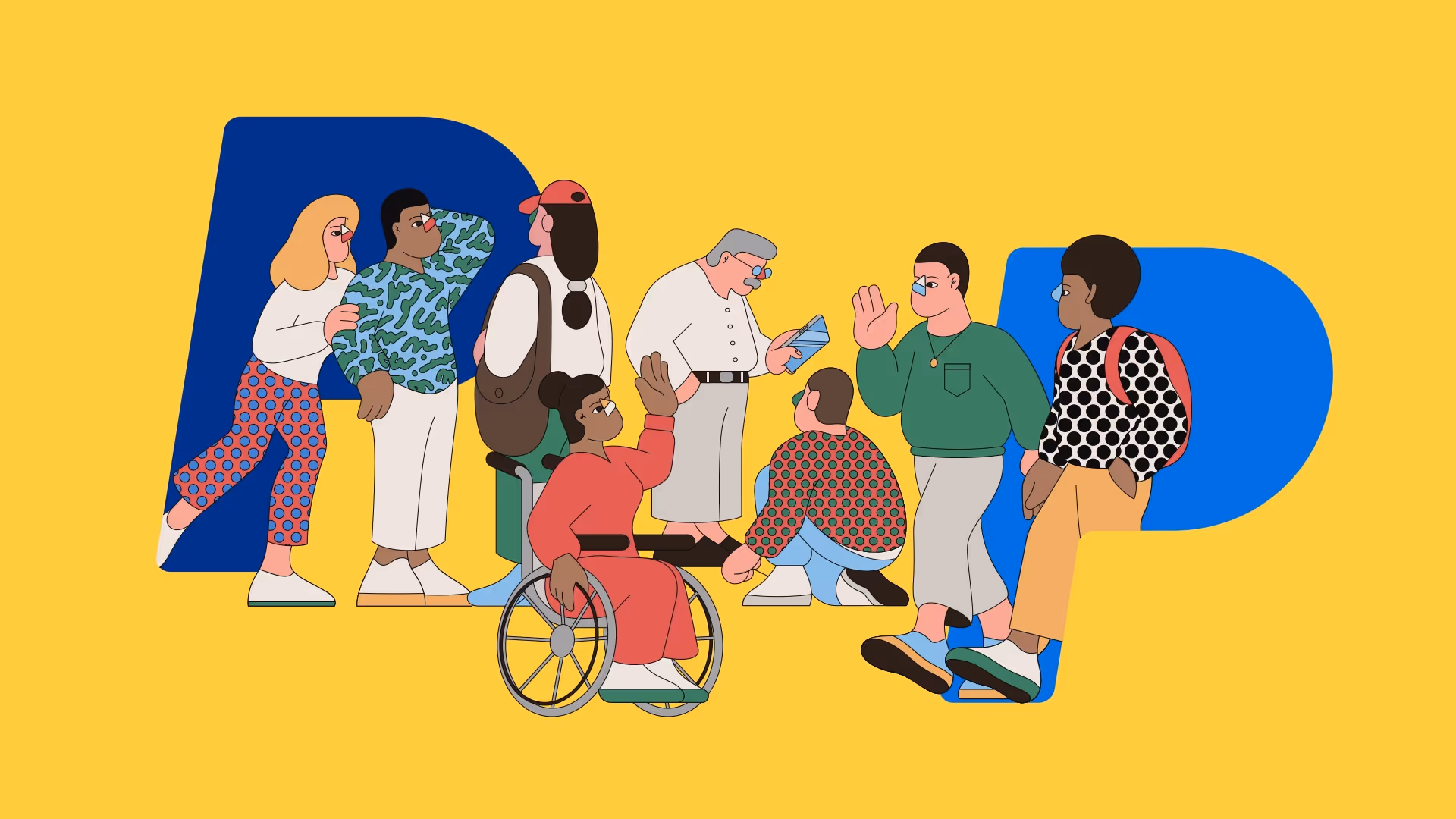 Illustration of a diverse group of people interacting in front of large, overlapping blue and yellow letters "PP." The group includes individuals of various genders, ethnicities, and abilities, including a person using a wheelchair. The background is yellow, reflecting clean design principles ideal for branding.