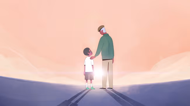 A young black boy crosses an abstract landscape with text reading "Malcolm... you are going to be SOMEBODY SOMEDAY."