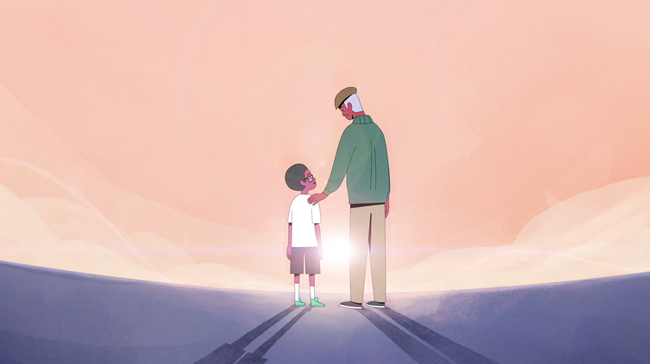 A young black boy crosses an abstract landscape with text reading "Malcolm... you are going to be SOMEBODY SOMEDAY."