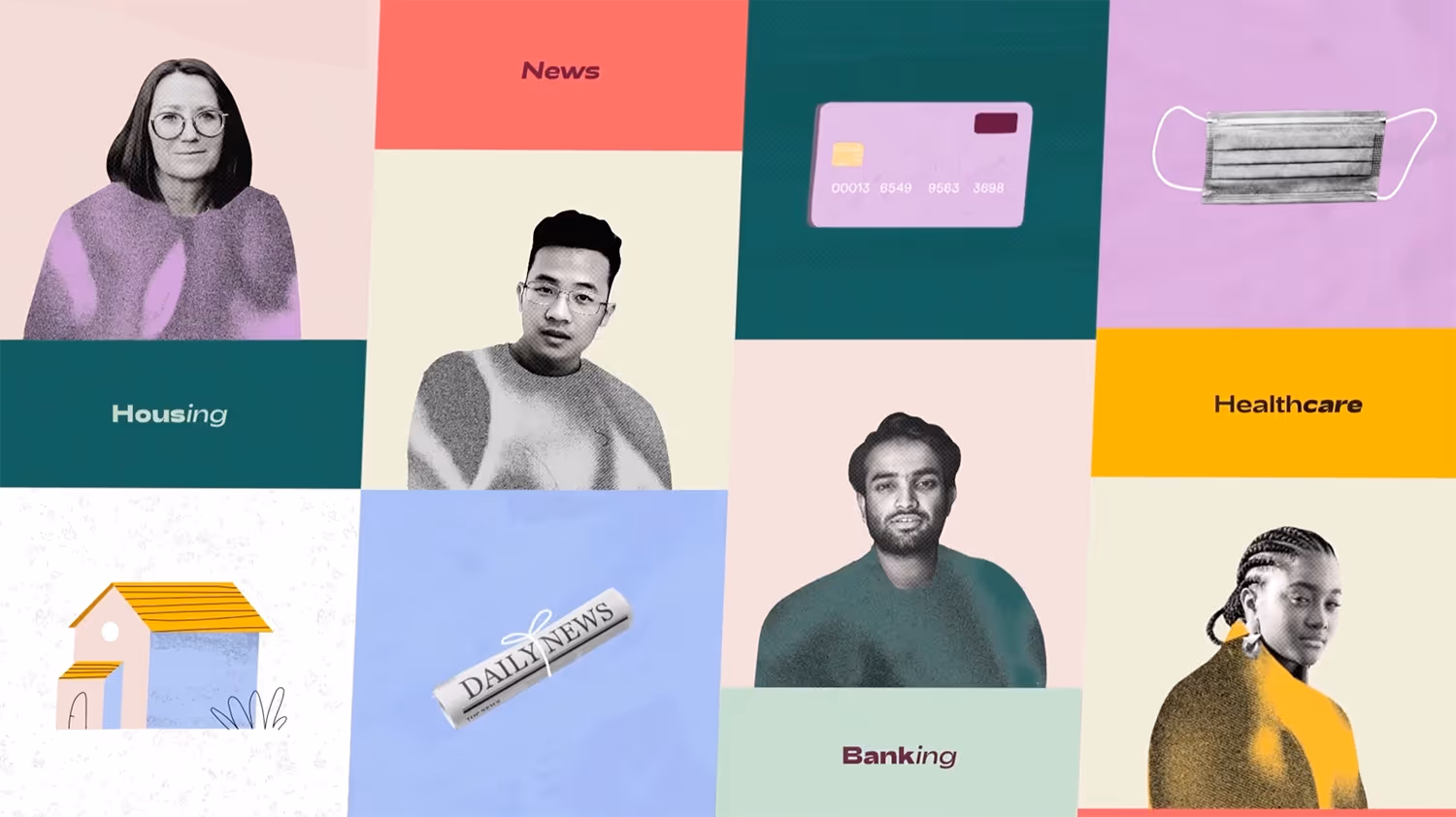 Animated gif of a white bookshelf with books and a purple potted plant. Utilizing motion graphics, the books gradually topple over from the left side, ultimately knocking over the plant, which falls off the shelf.