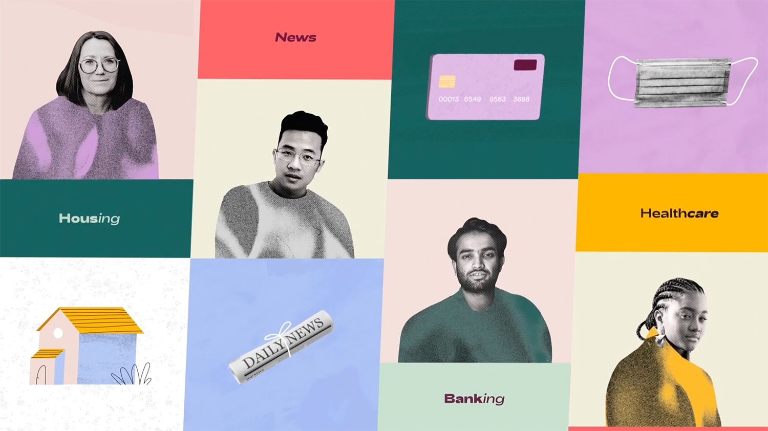 Animated gif of a white bookshelf with books and a purple potted plant. Utilizing motion graphics, the books gradually topple over from the left side, ultimately knocking over the plant, which falls off the shelf.