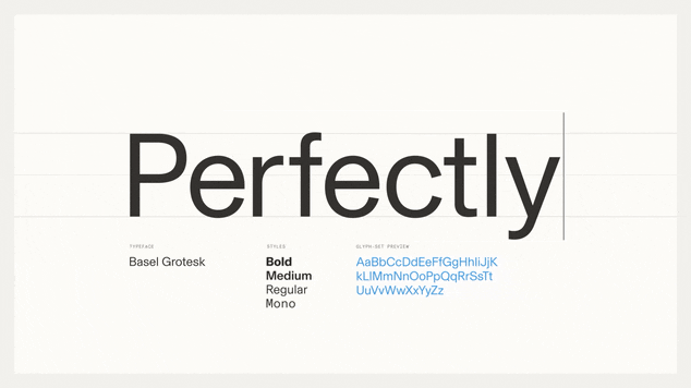 A type specimen frame from the Arena rebrand film showcasing Basel Grotesk in Bold, Medium, Regular, and Mono weights, with the word "Perfectly" displayed large against a light grid background and a blue cursor blinking at the end.