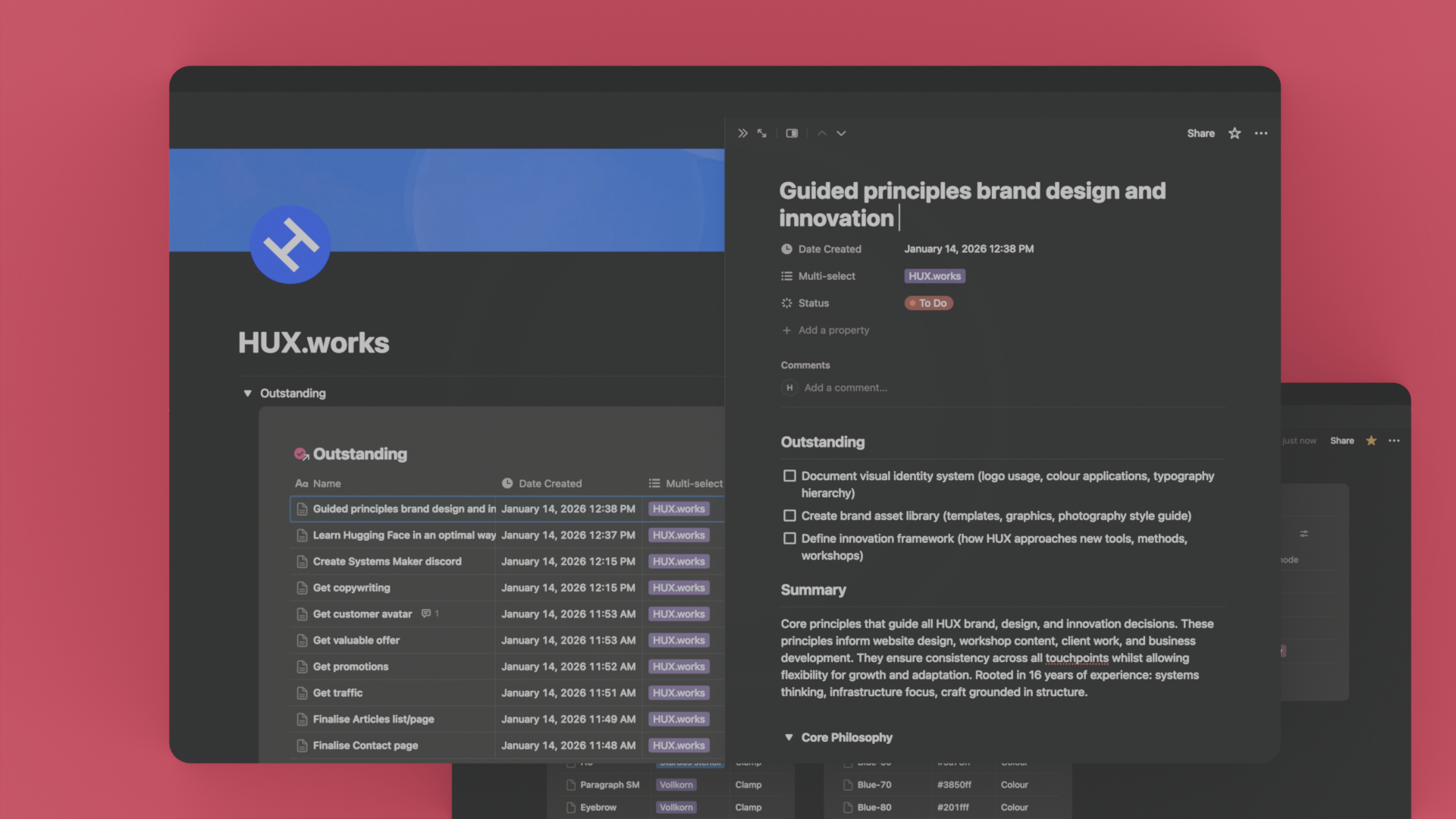 Digital workspace screenshot showing HUX.works task list with 'Outstanding' items and detailed notes on guided principles for brand design and innovation.
