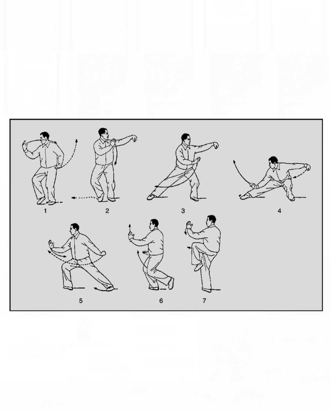 Seven-step diagram showing a man performing sequential Tai Chi sword movements with directional arrows.