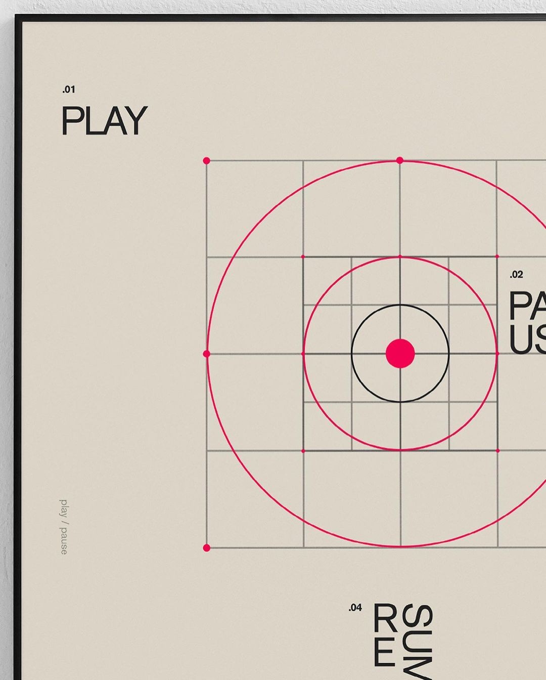 Minimalist abstract diagram with concentric circles, grid lines, and the word PLAY in bold black text on beige background.