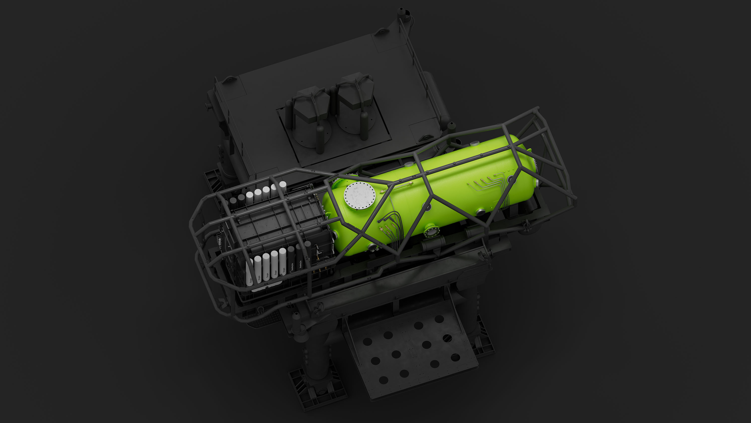 Top-down view of a dark industrial machine with a bright green cylindrical component encased in a protective grey metal frame.