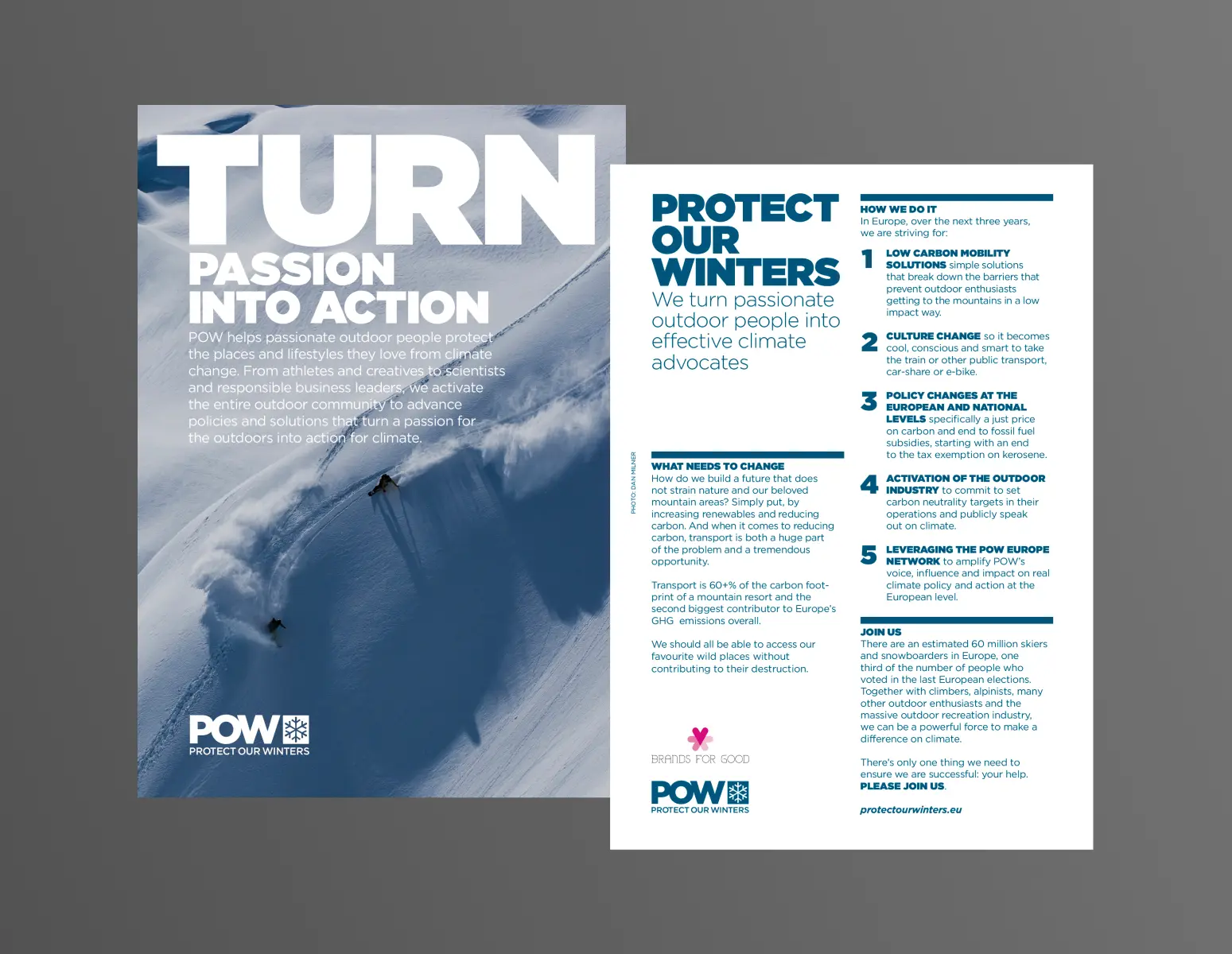 POW climate advocacy flyer with a background photo of two skiers carving tracks on snowy mountain.