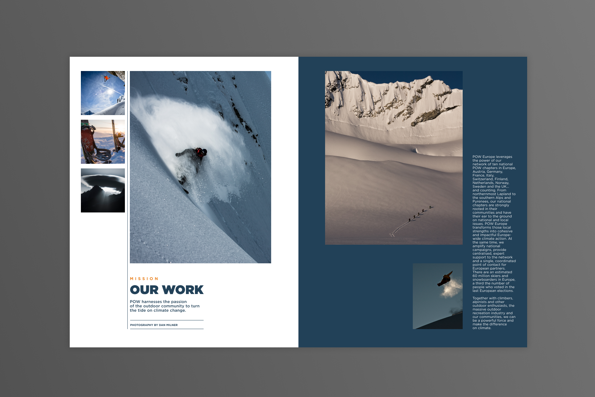 Two-page spread showing a snowboarder carving deep powder snow on the left and a group hiking through snowy mountain terrain on the right, with text describing POW Europe's climate action mission.