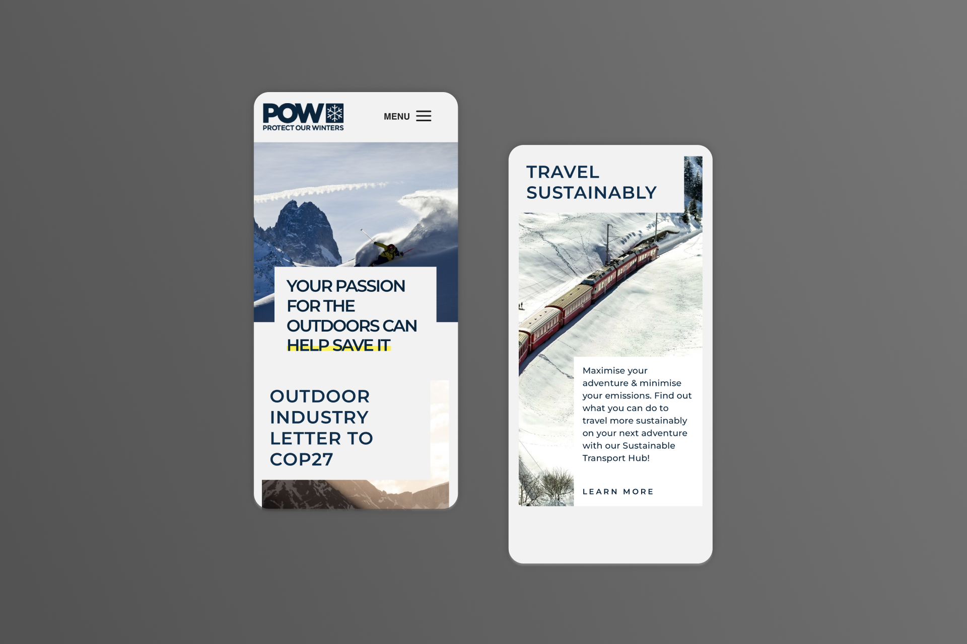 Two mobile screens; left shows a skier in snowy mountains with text about outdoor industry letter to COP27, right shows a red train travelling through snowy landscape promoting sustainable travel.