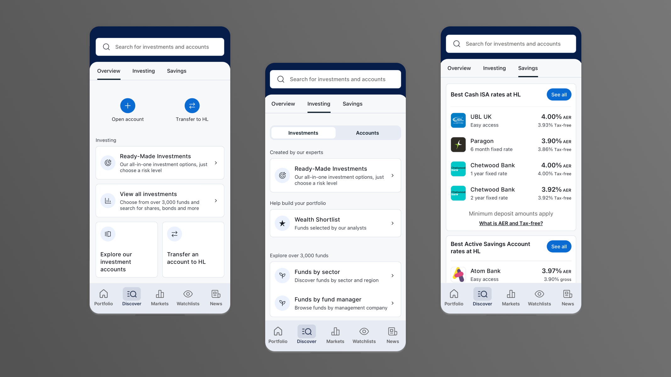 Three mobile screens showing a financial app with tabs for Overview, Investing, and Savings, with options to open accounts, transfer funds, and view investment or savings rates.