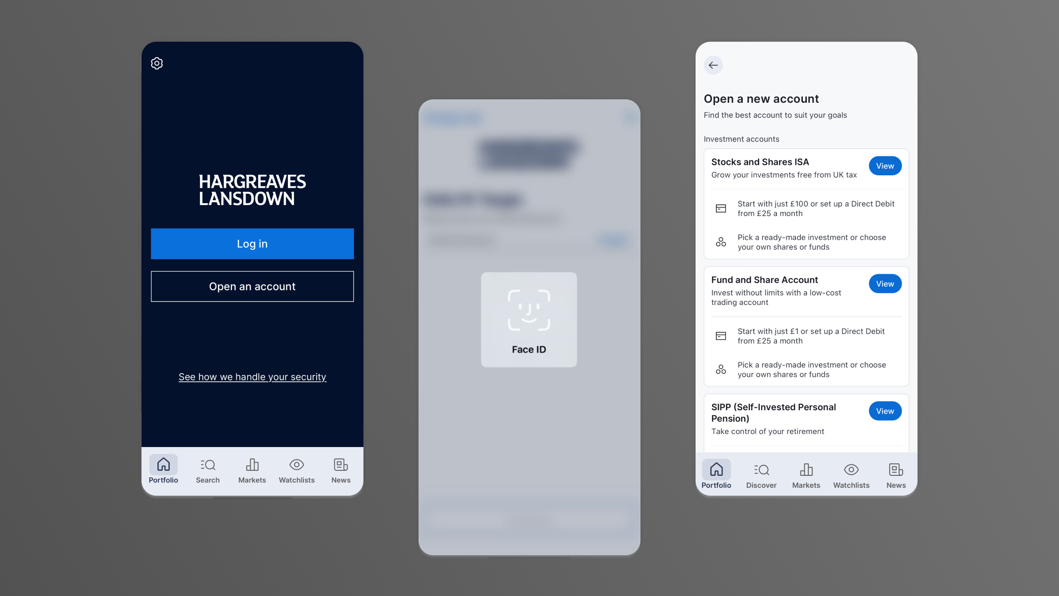 Three smartphone screens showing a financial app: login screen with Hargreaves Lansdown logo and log in button, a Face ID authentication screen, and an account opening screen listing investment account options.