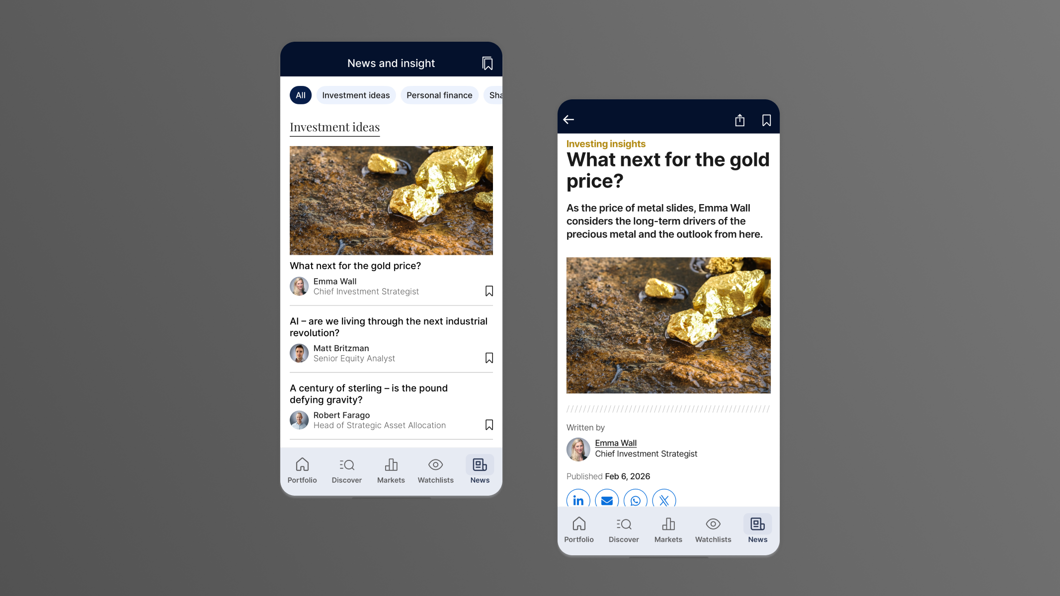 Two smartphone screens showing a financial news app with articles on gold price, featuring images of gold nuggets on soil and headlines about investment insights and industrial revolution.