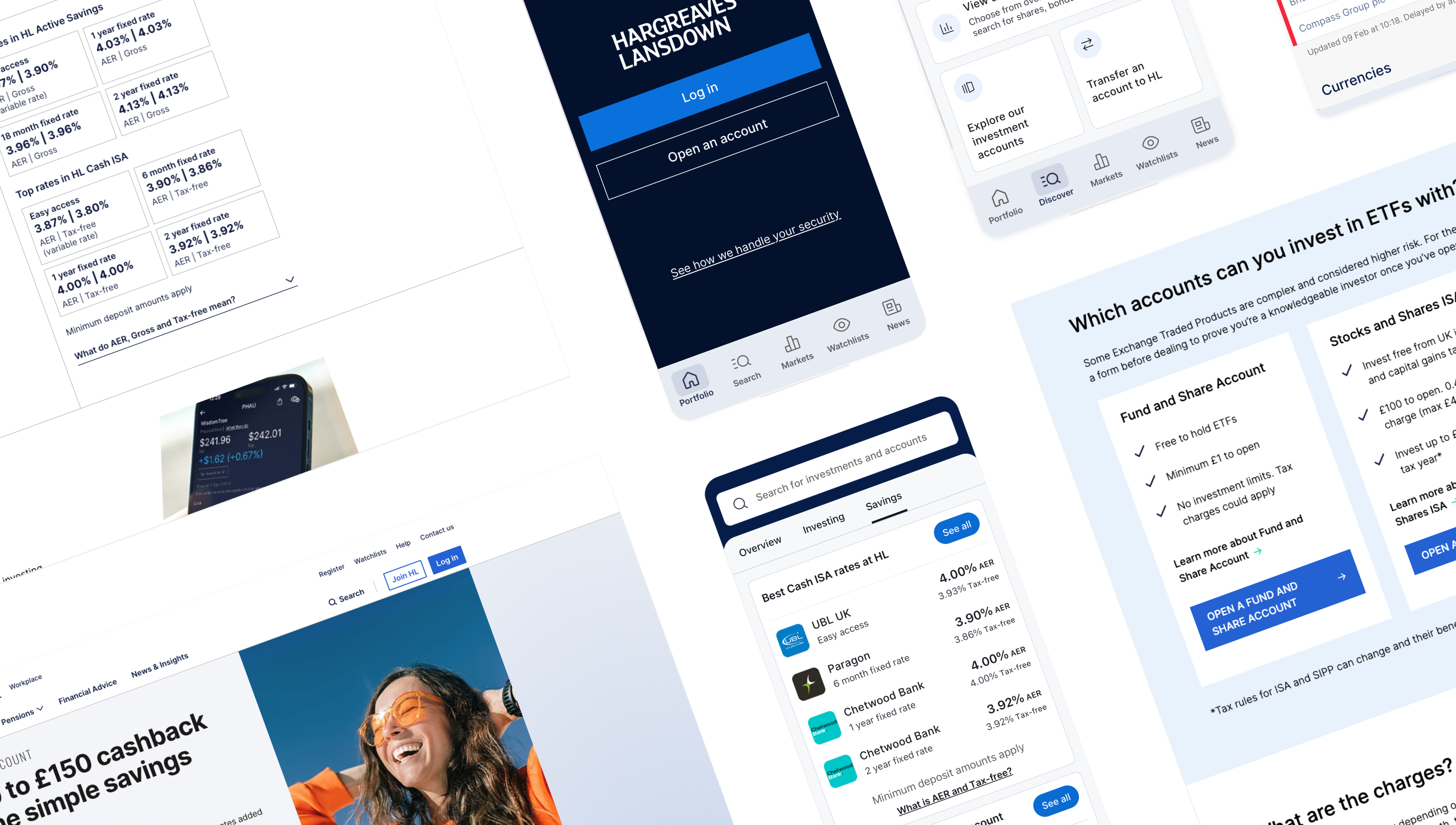 Collage of Hargreaves Lansdown website and app screens showing savings rates, login page, investment options, and account details.