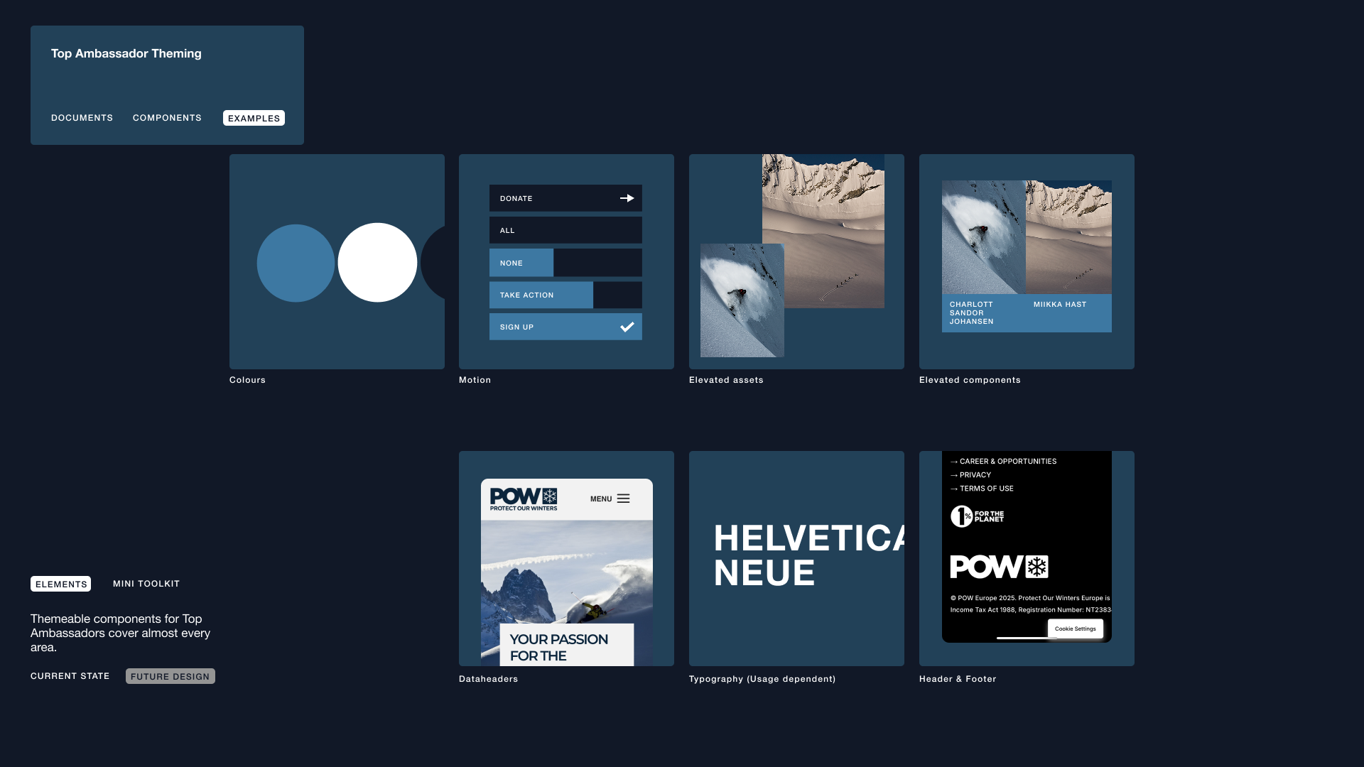 Dashboard showcasing examples of theming components for Top Ambassador, including colours, motion, elevated assets and components, data headers, typography, and header & footer.