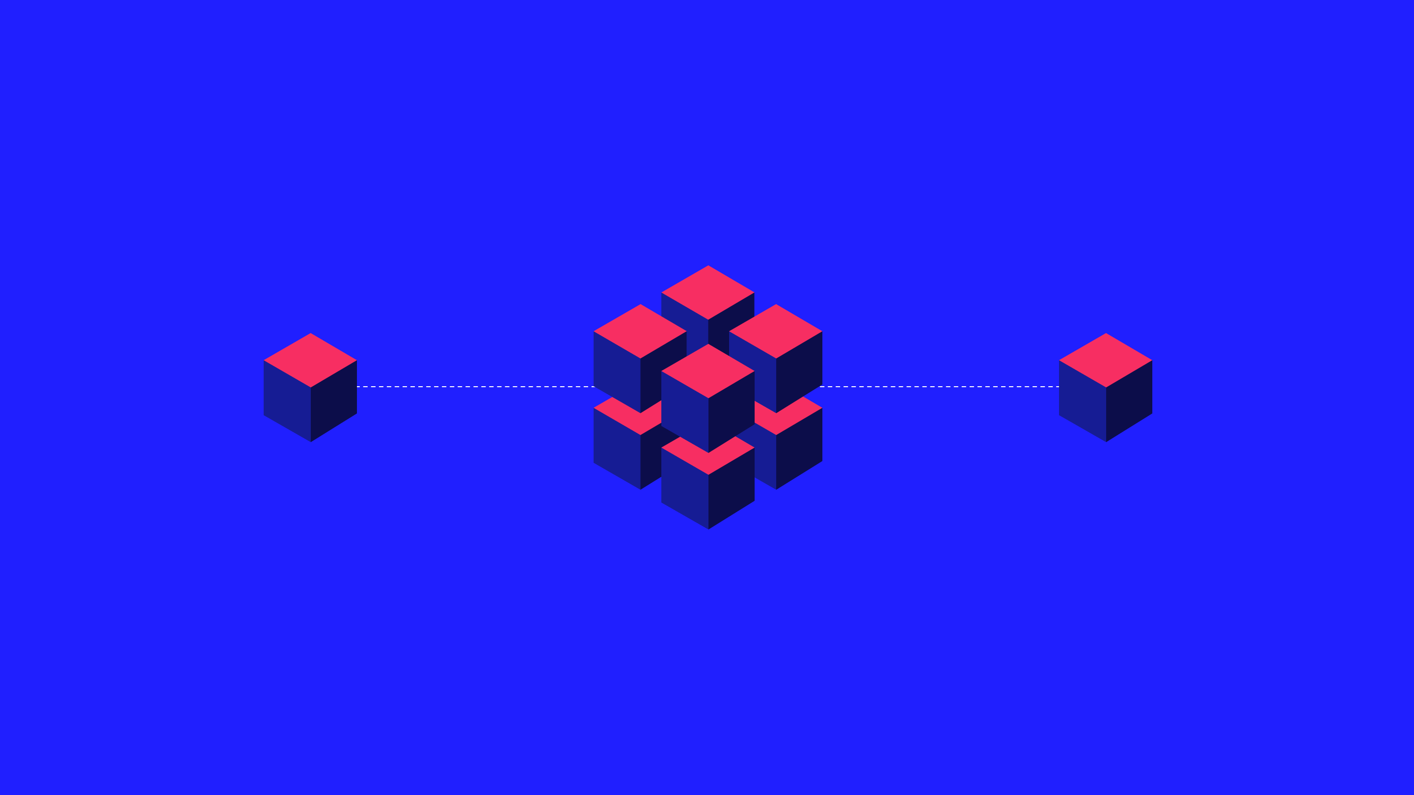 Cluster of nine red and blue cubes connected by dotted lines to two single cubes on a blue background.