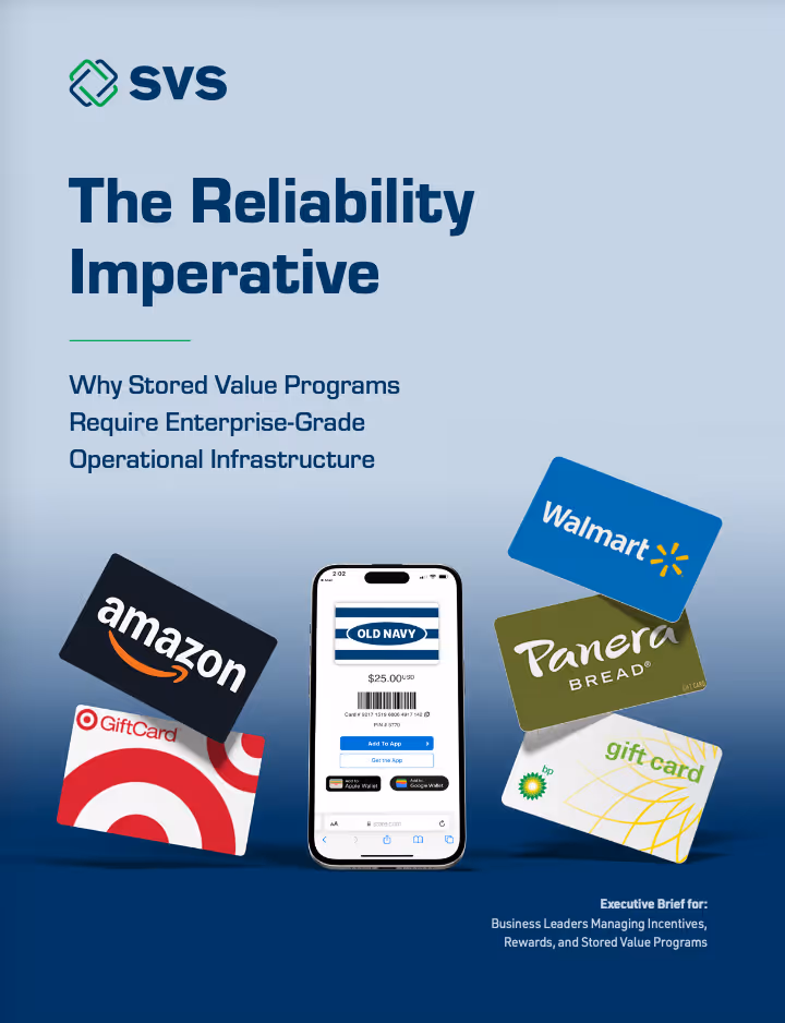 Cover page titled 'The Reliability Imperative' by SVS, featuring an illustration of a phone displaying an Old Navy gift card app surrounded by Amazon, Target, Walmart, Panera Bread, and BP gift cards.