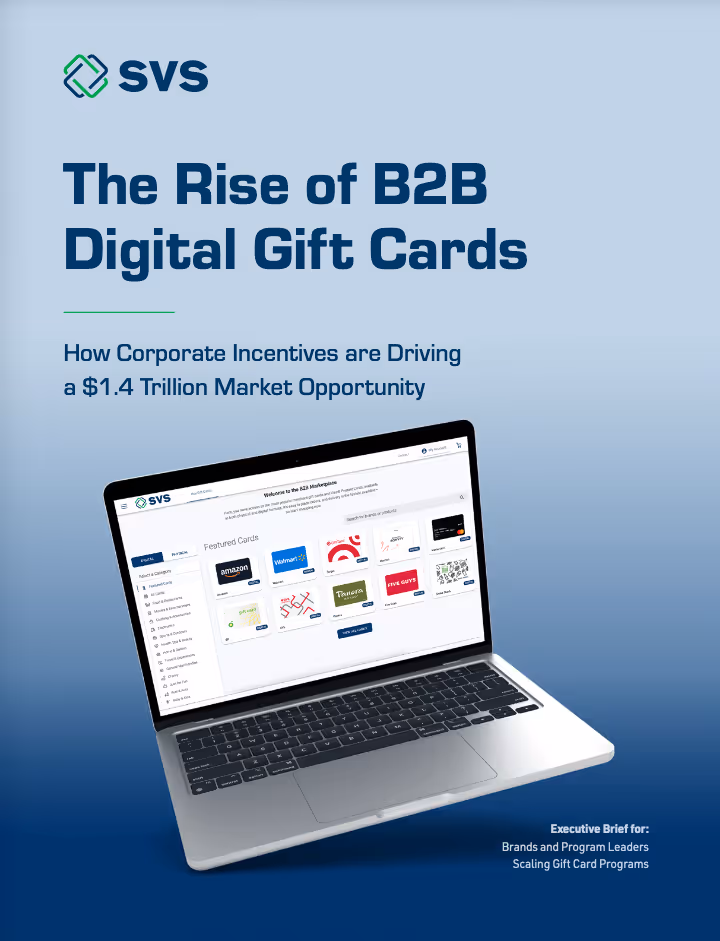 Cover page of a report titled 'The Rise of B2B Digital Gift Cards' by SVS, featuring a laptop displaying a digital gift card marketplace on a blue gradient background.