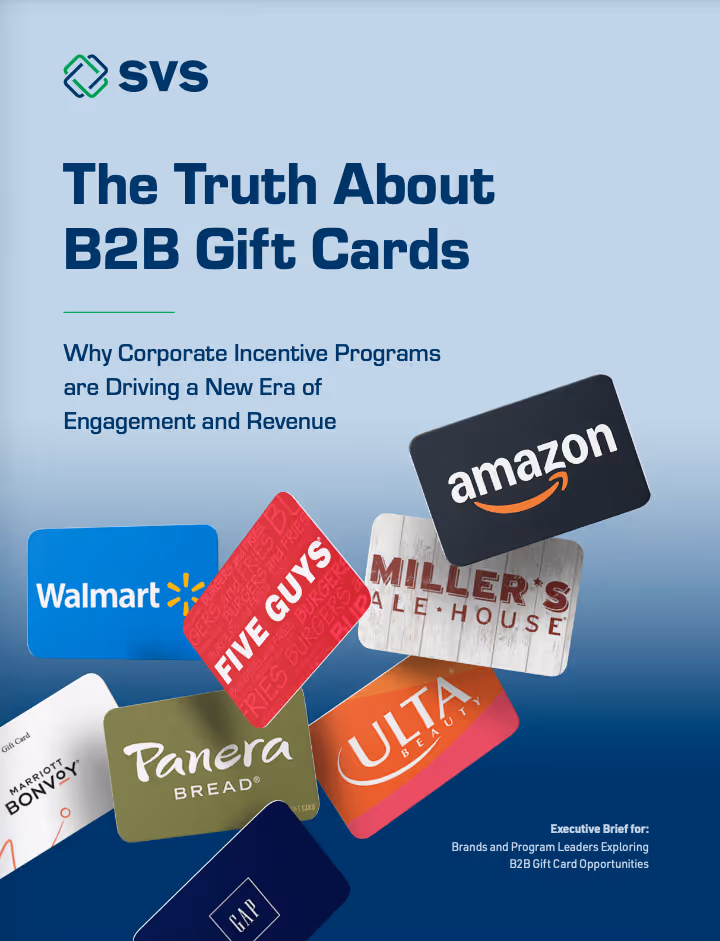 Cover page titled 'The Truth About B2B Gift Cards' with logos of Walmart, Five Guys, Miller's Ale House, Amazon, Marriott Bonvoy, Panera Bread, Ulta Beauty, and Gap gift cards floating on a blue gradient background.