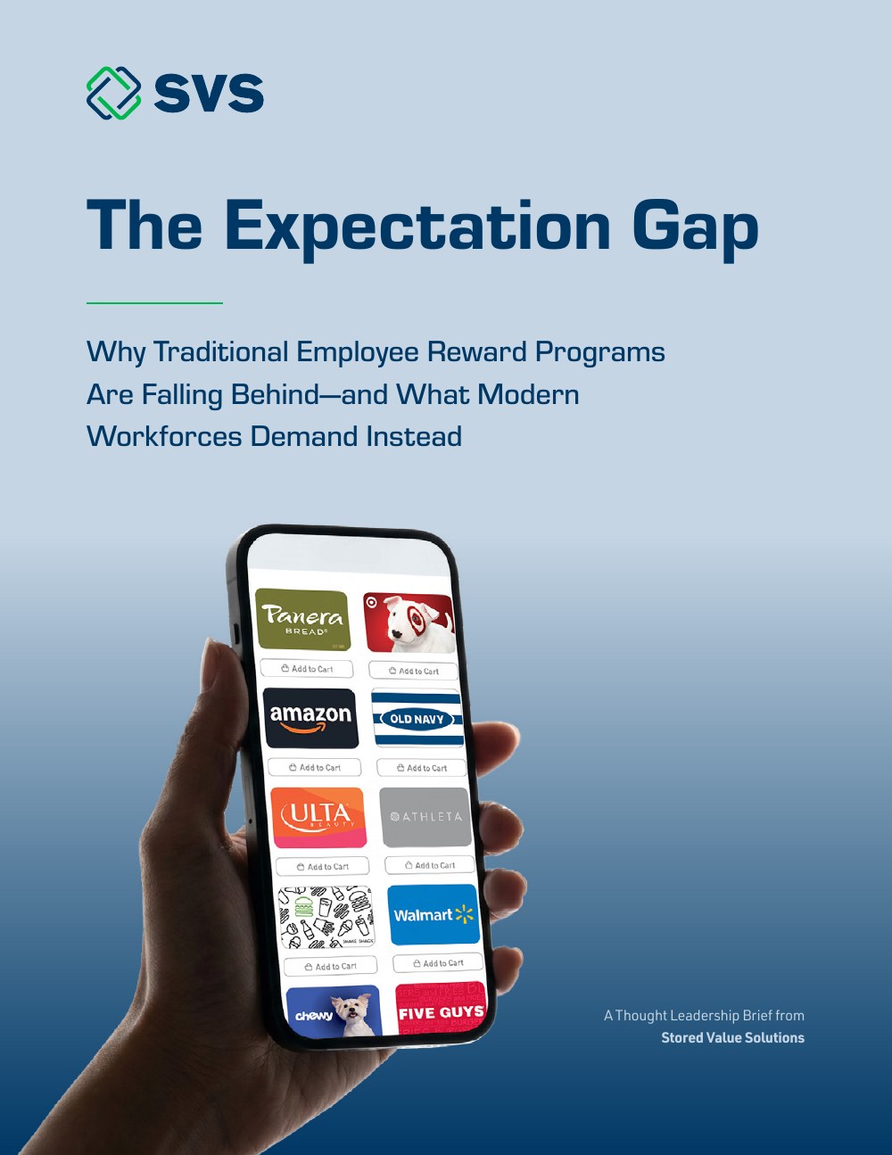 Cover page titled 'The Expectation Gap' by SVS, featuring a hand holding a phone displaying a grid of gift cards including Panera, Target, Amazon, Old Navy, Ulta, and Walmart.