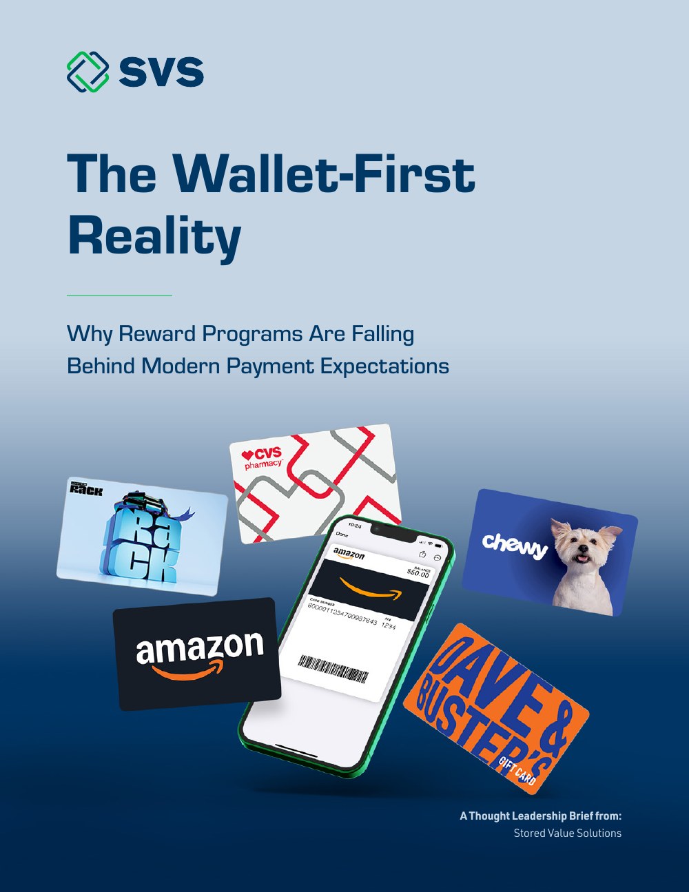 Cover page titled 'The Wallet-First Reality' by SVS, featuring a phone displaying an Amazon gift card in a mobile wallet surrounded by Chewy, CVS, Dave & Buster's, and Amazon gift cards.