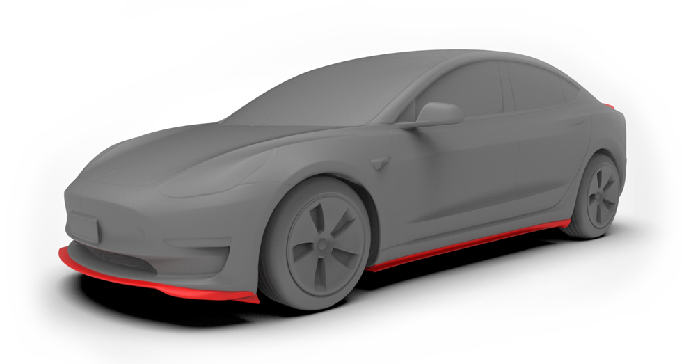 Front view render of a Tesla Model 3 mounting the Nemea Aero Range Body Kit. Visible in red are the front splitter and the left side skirt.