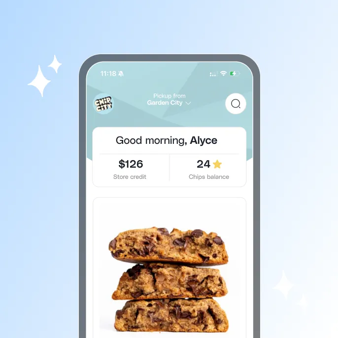 Mobile app screen showing a greeting to Alyce with $126 store credit and 24 chips balance, featuring an image of three stacked chocolate chip cookies.