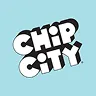 Chip City logo with bold white letters outlined in black on a light blue background.