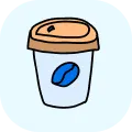 Illustration of a white disposable coffee cup with a brown lid and a blue coffee bean icon in the center.