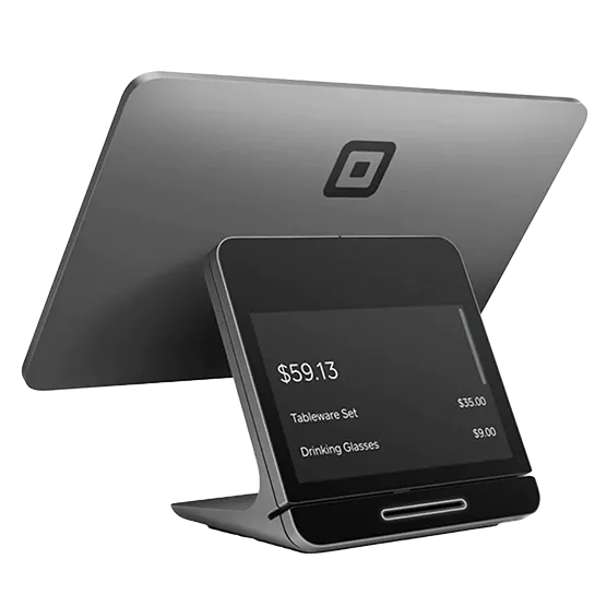 Black Square point-of-sale terminal displaying a total of $59.13 for a tableware set and drinking glasses.