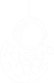 Line drawing of an astronaut sitting on a crescent moon with stars in the background.