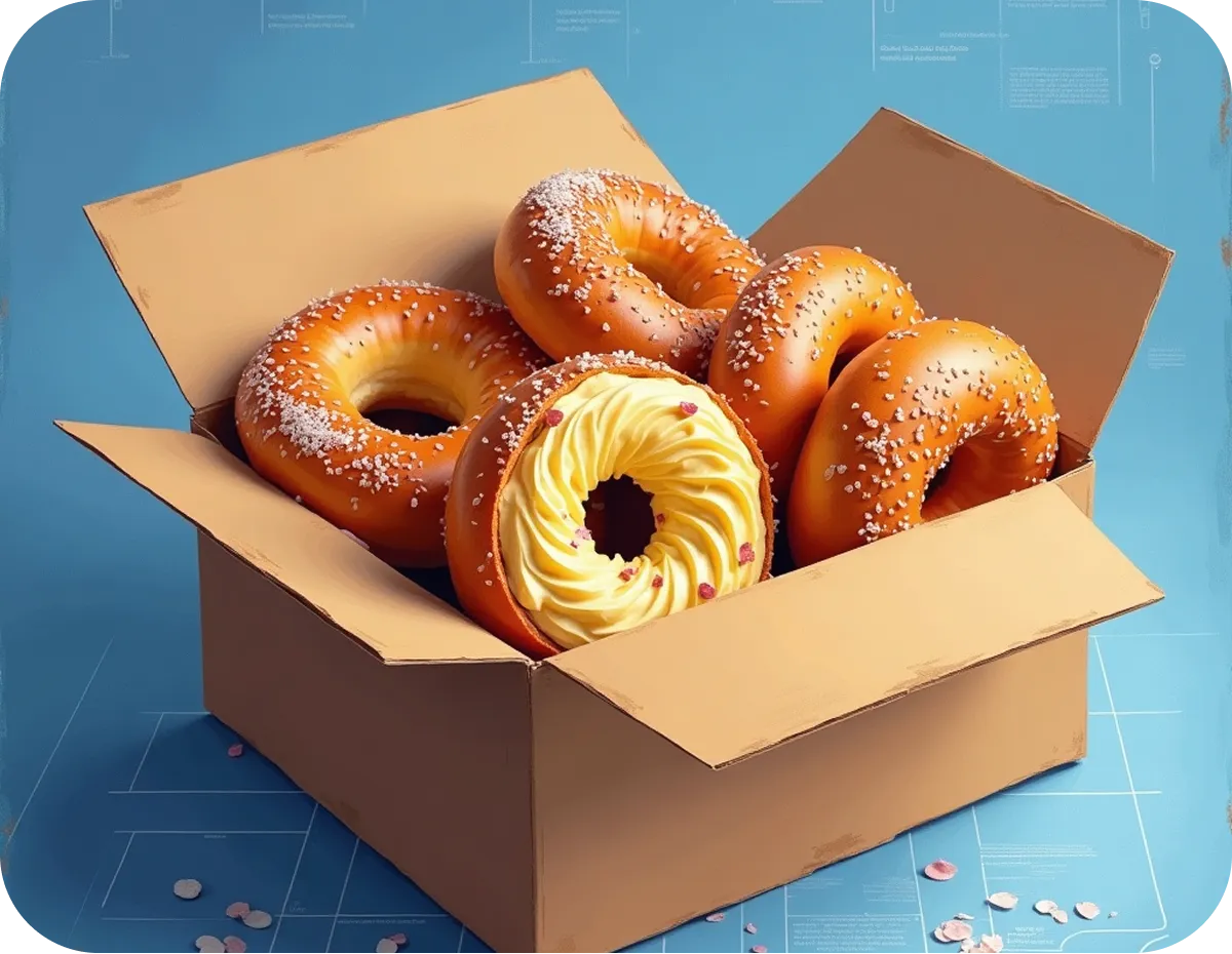 Open cardboard box filled with soft pretzels covered with coarse salt, one pretzel topped with yellow cream and pink sprinkles.