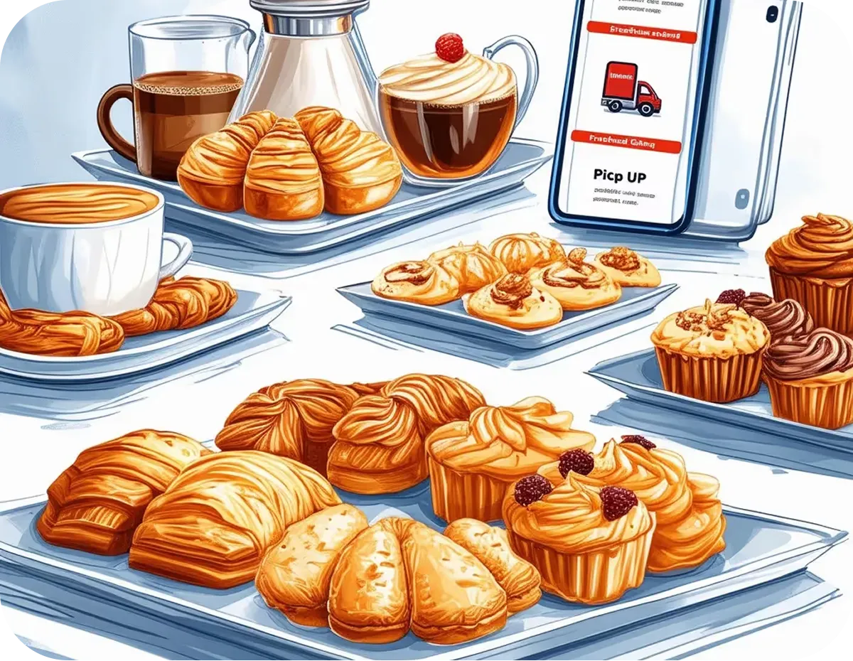 Assorted pastries and cupcakes arranged on plates with cups of coffee and a smartphone displaying a pick-up app.
