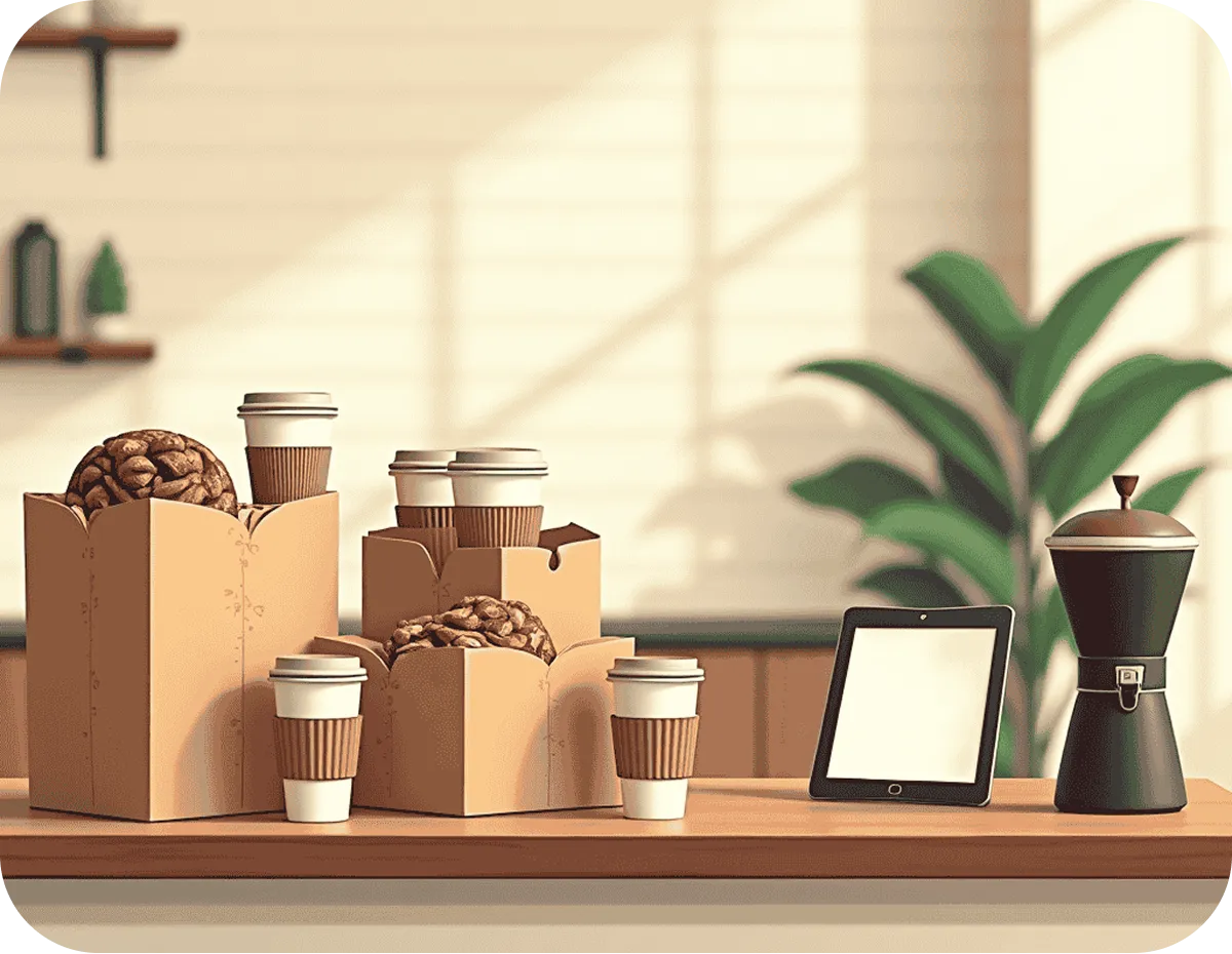 Countertop with coffee cups, muffin boxes, a digital tablet, and a moka pot in a bright kitchen setting.