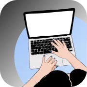 Person typing on a laptop with a blank white screen on a blue circular background.