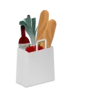 Grocery bag containing leeks, a baguette, a bottle of wine, and a red apple.