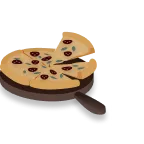 Whole pizza with three slices cut, topped with olives, mushrooms, pepperoni, and basil leaves on a wooden pizza peel.