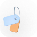 Two hanging price tags, one light blue and one beige, connected by a string.