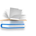 Open book with pages flipping above two closed books stacked below.