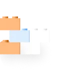 Minimalist puzzle pieces in pastel orange, blue, and white colors connected together on a white background.