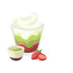 Cup of matcha green tea dessert with whipped cream, a small bowl of matcha powder, and two strawberries.