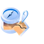 Illustration of a round analog compass with a needle pointing northeast and a blue location pin next to it.