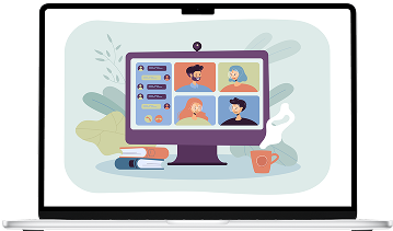 Laptop screen displaying a video call with four participants and a chat sidebar, surrounded by books and a steaming coffee cup.