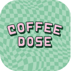 Text 'COFFEE DOSE' in pink block letters with black shadow on a green checkered, wavy background.