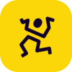 Black abstract figure dancing on a yellow rounded square background.