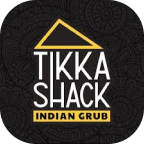 Logo for Tikka Shack Indian Grub with a stylized yellow triangle above the text.
